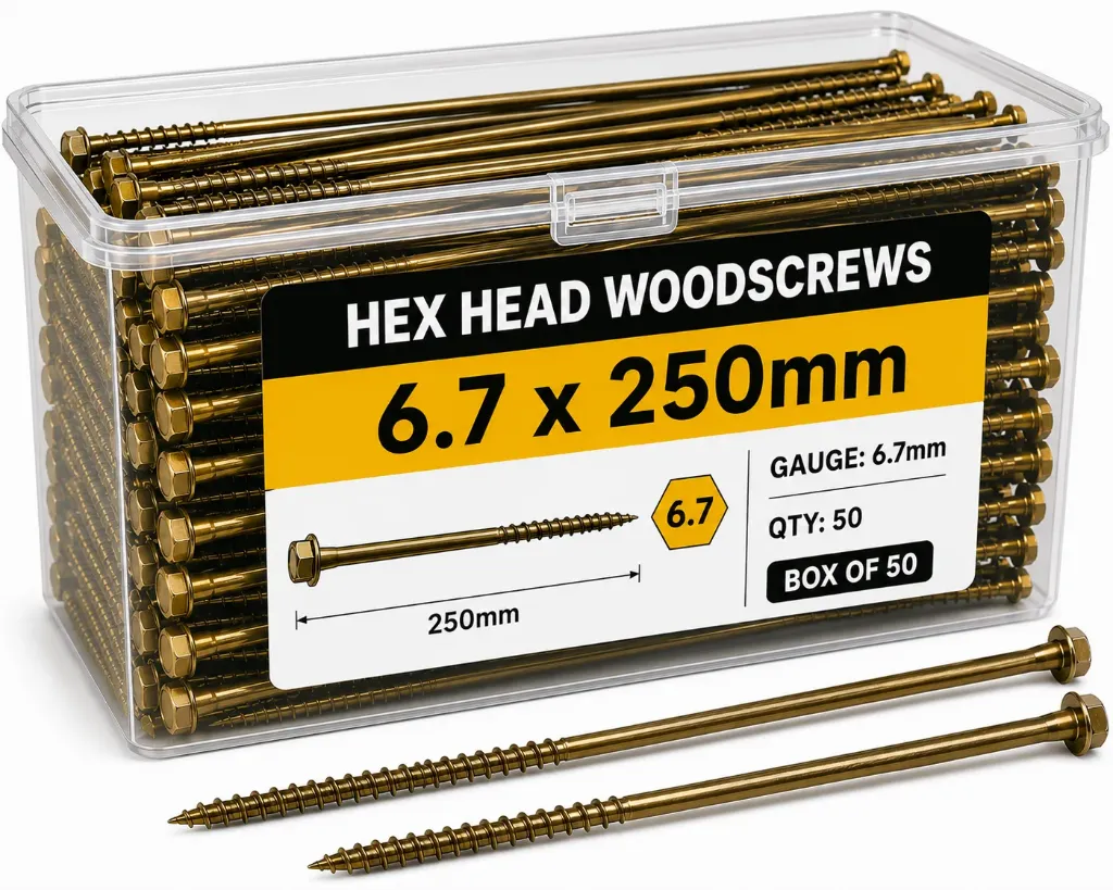 6.7x250mm Hex Head Timber Screws (Box 50)