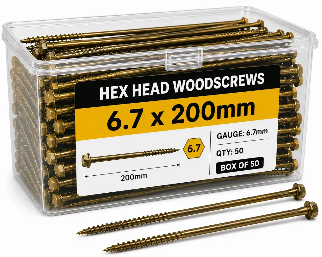 6.7x200mm Hex Head Timber Screws (Box 50)