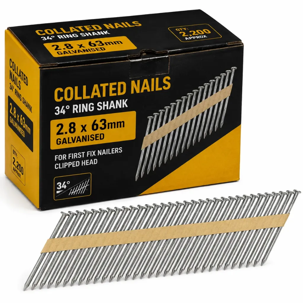 2.8x63mm Collated Galv. Ring Gun Nails (Box 2200) + Fuel 2 Cells