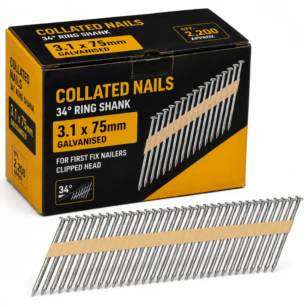 3.1x75mm Collated Galv. Ring Gun Nails (Box 2200) + Fuel 2 Cells