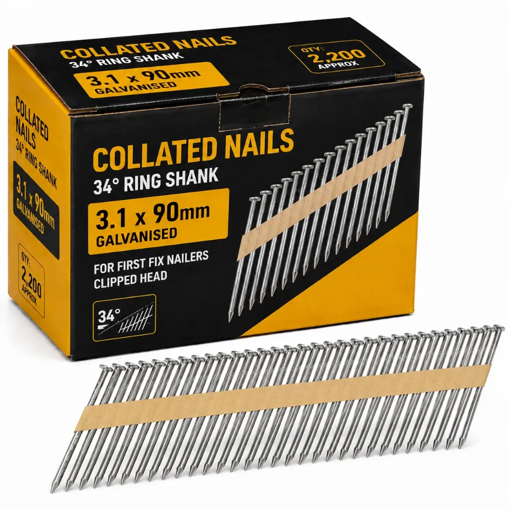 3.1x90mm Collated Galv. Ring Gun Nails (Box 2200) + Fuel 2 Cells